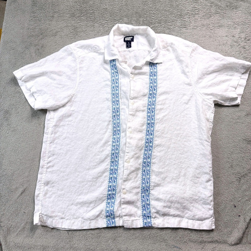 Lands End Mens XL White Linen Embroidered Short Sleeve Button Down Shirt